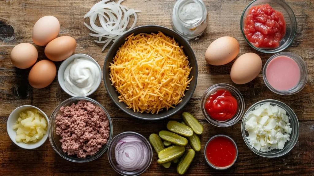 Ingredients for Big Mac Casserole, including ground beef, cheese, pickles, onions, eggs, and sauce, arranged on a wooden countertop.