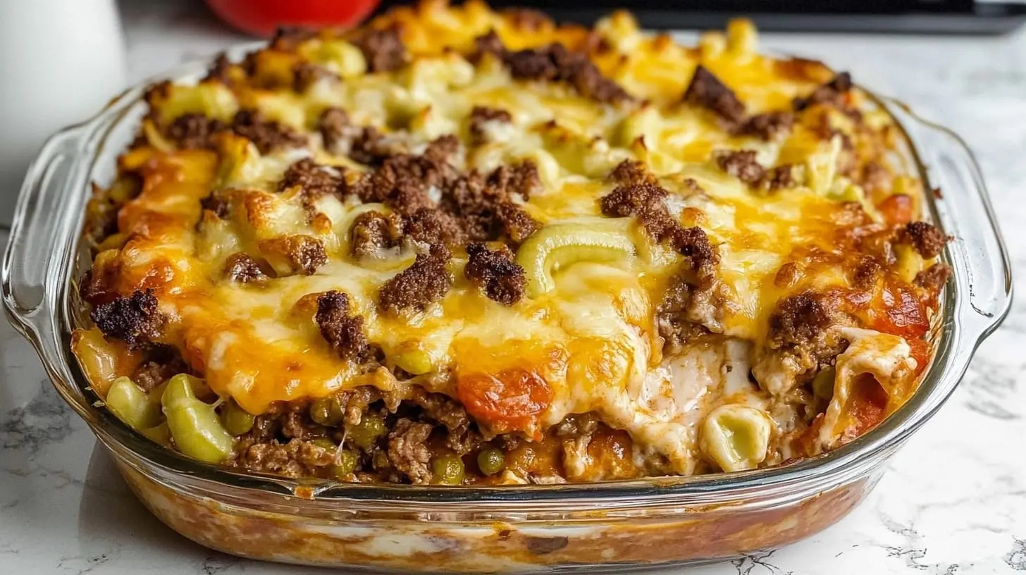 Golden baked Big Mac Casserole garnished with lettuce, pickles, and sesame seeds, served with a salad.