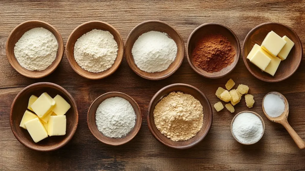 Ingredients for Biscoff cookies, including flour, sugar, butter, cinnamon, and vanilla, arranged on a wooden countertop.