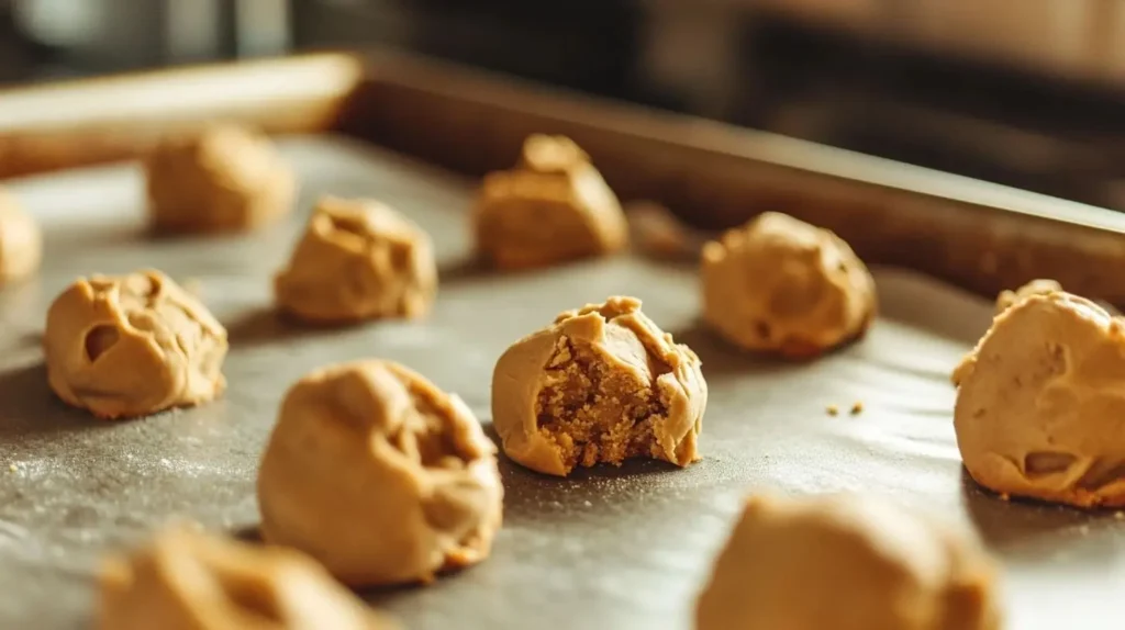 Biscoff cookie dough being scooped onto a baking sheet, with dough balls ready to be baked.