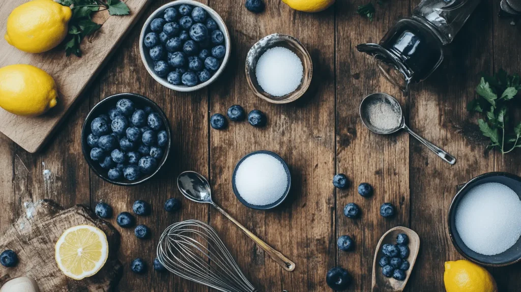 Ingredients for blueberry compote recipe on a wooden table, including blueberries, sugar, lemon juice, and cornstarch, with measuring spoons and a whisk.