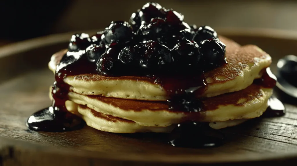 Warm pancakes topped with blueberry compote, placed on a rustic wooden plate with extra blueberries on top.