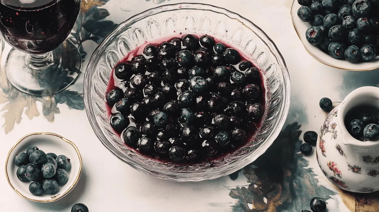 Homemade blueberry compote in a glass bowl, resting on a wooden table with a spoon beside it and a hint of cinnamon and mint for garnish.