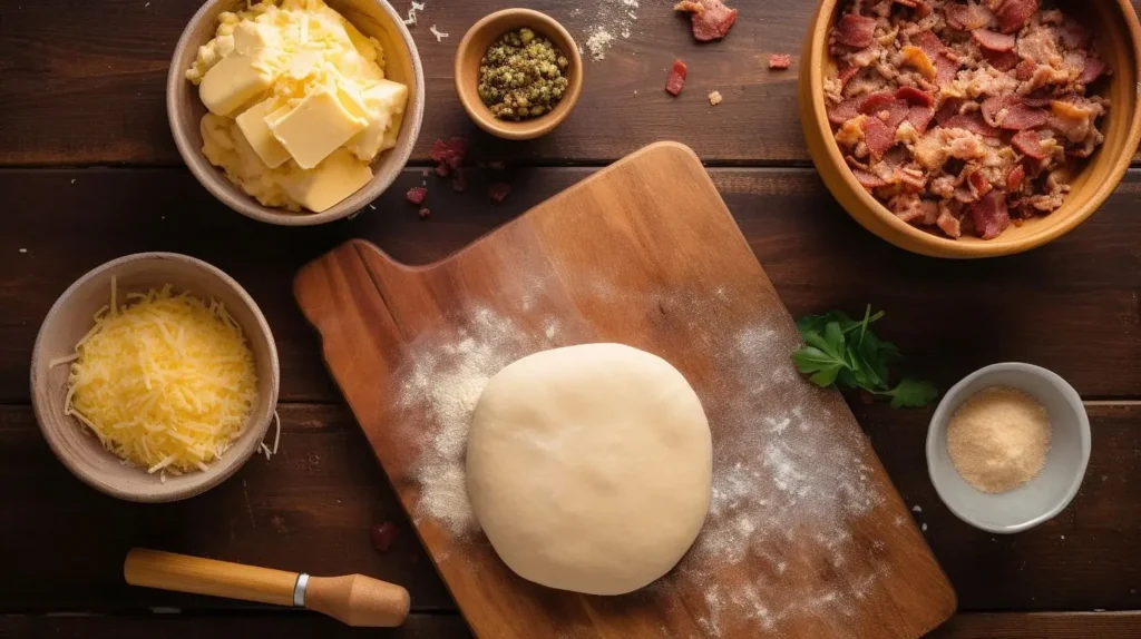 A top-down view of fresh ingredients for breakfast pizza rolls, including pizza dough, scrambled eggs, crumbled sausage and bacon, shredded cheese, melted butter, garlic powder, and marinara sauce.