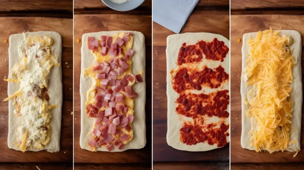 A four-step visual guide showing how to make breakfast pizza rolls, from rolling out the dough to baking and serving.