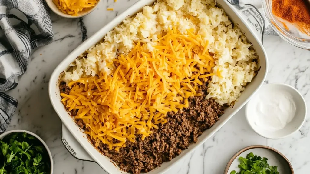 Assembling Cattle Drive Casserole with layers of ground beef, hash browns, and cheese in a baking dish.