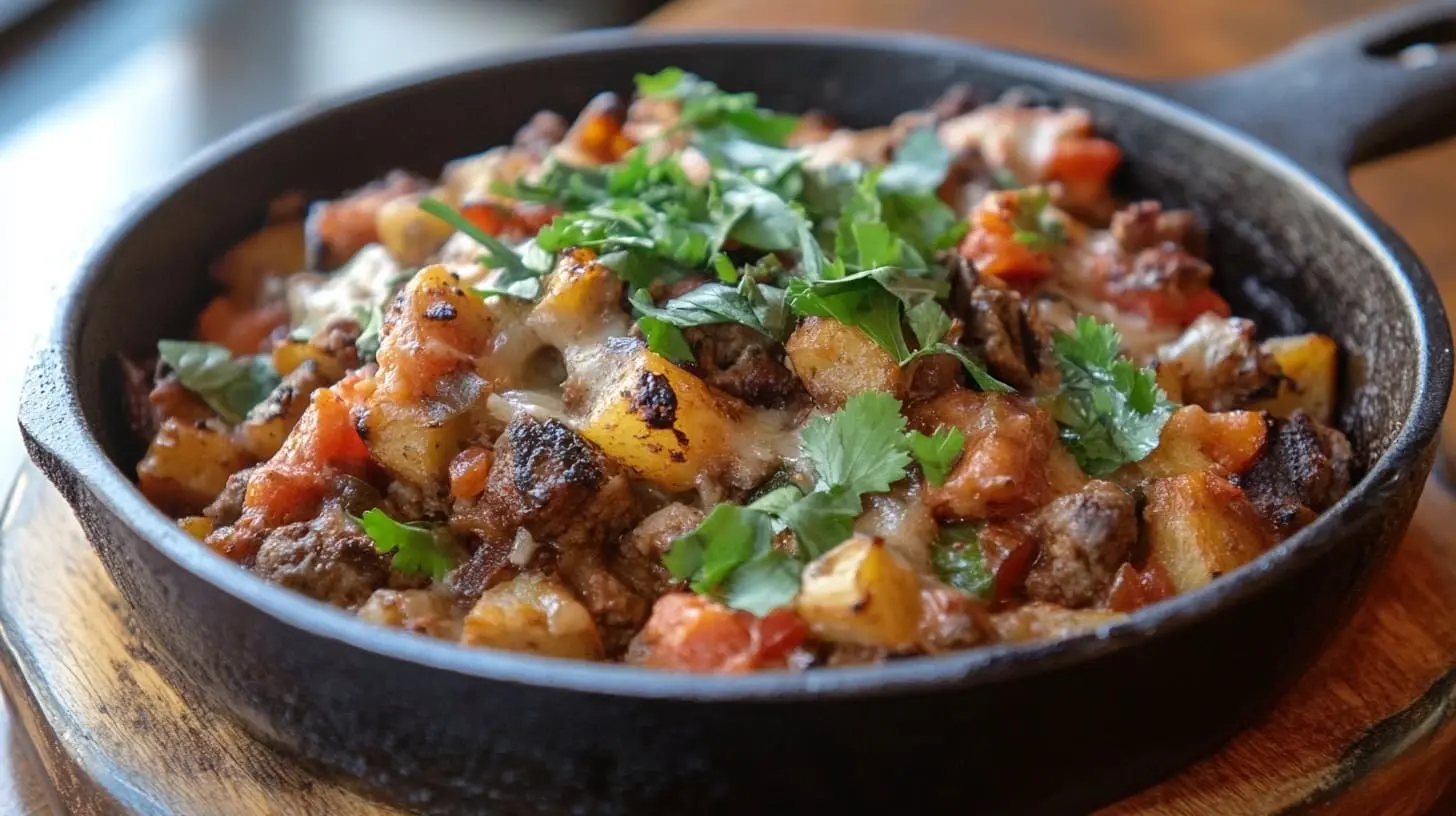 Golden baked Cattle Drive Casserole garnished with green onions, served with a side salad and crusty bread.