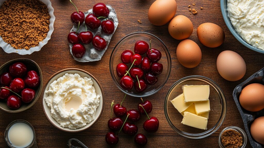 Ingredients for cherry cheesecake arranged on a wooden countertop, including cherries, cream cheese, and eggs.