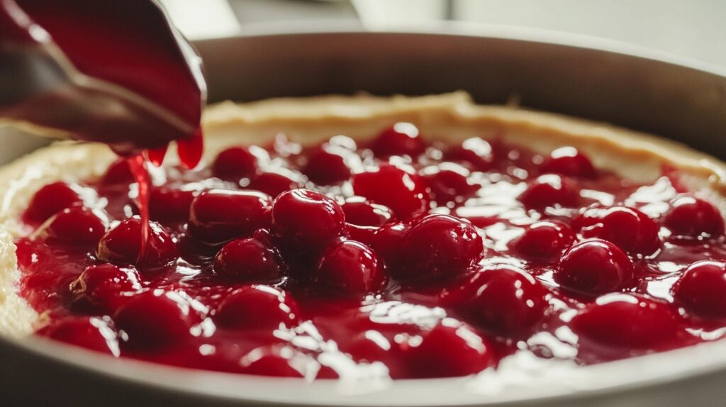 Adding cherry topping to freshly baked cherry cheesecake in a springform pan.