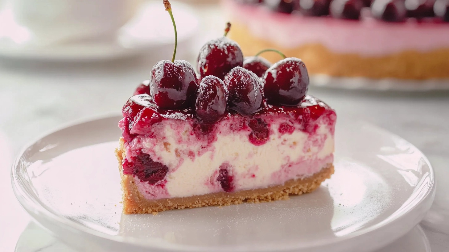 Slice of creamy cherry cheesecake topped with cherry pie filling on a rustic wooden plate.