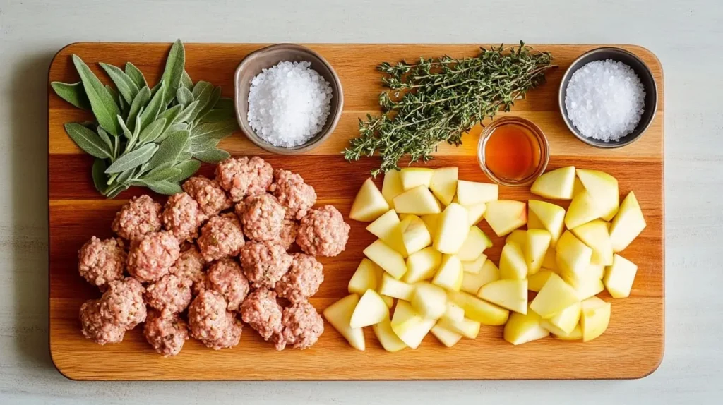 Ingredients for chicken apple sausage, including ground chicken, diced apples, herbs, and spices, displayed on a wooden cutting board.