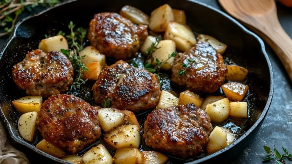 Chicken apple sausage patties cooking on a skillet with diced apples and fresh thyme.

