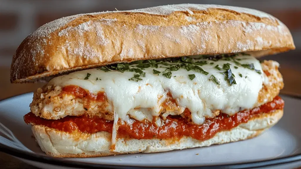 Chicken Parm Sandwich with melted mozzarella, marinara sauce, and Parmesan cheese, served on a toasted roll with fresh basil garnish.