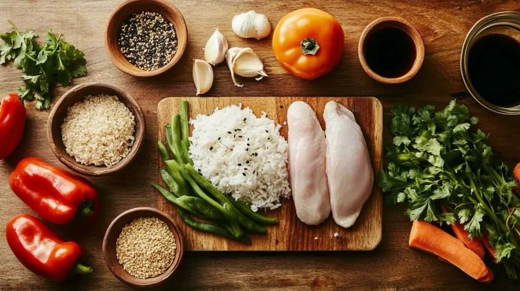 Ingredients for chicken rice bowl, including chicken, rice, vegetables, and soy sauce, arranged on a wooden countertop.