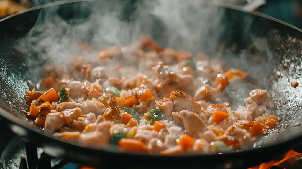 Close-up of chicken rice bowl cooking, with chicken and vegetables sizzling in a pan.