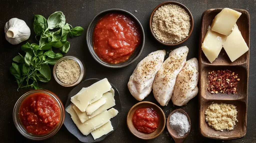 Flat lay of Chicken Rollatini ingredients, including chicken, cheese, breadcrumbs, and marinara sauce.