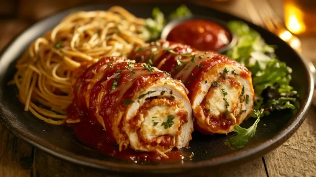 Plated Chicken Rollatini with marinara sauce, spaghetti, and a fresh salad.