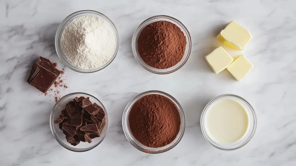 Ingredients for chocolate cobbler, including flour, sugar, cocoa powder, milk, butter, and brown sugar, arranged on a marble countertop.