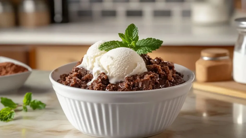 A bowl of chocolate cobbler topped with vanilla ice cream and mint, with baking ingredients in the background.