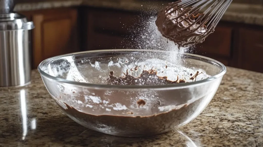 Chocolate Pound Cake batter being mixed in a glass bowl, with flour and cocoa powder sifted nearby on a granite countertop.