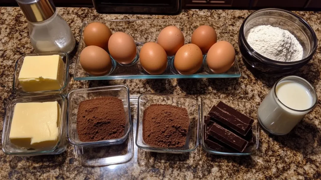 Ingredients for Chocolate Pound Cake Recipe, including butter, cocoa powder, eggs, sugar, flour, milk, and vanilla, arranged on a granite countertop.