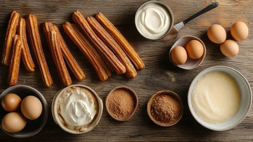 Ingredients for churro cheesecake arranged on a rustic wooden table, including cream cheese, cinnamon, and eggs.