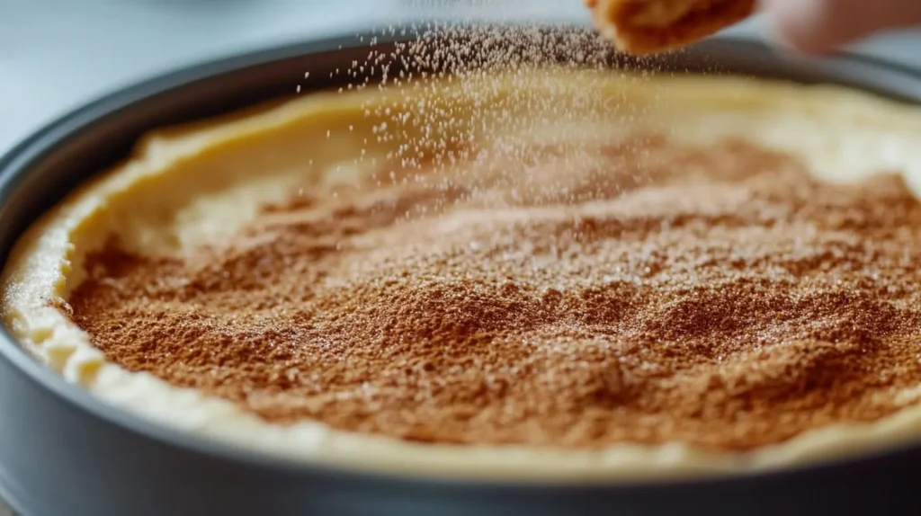 Sprinkling cinnamon-sugar on freshly baked churro cheesecake in a springform pan.