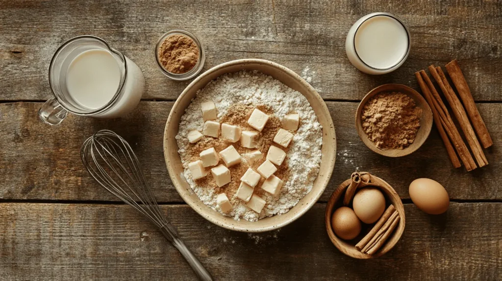 Ingredients for coffee cake muffins on a rustic wooden table, including flour, butter, eggs, brown sugar, and milk, with measuring spoons and a whisk.