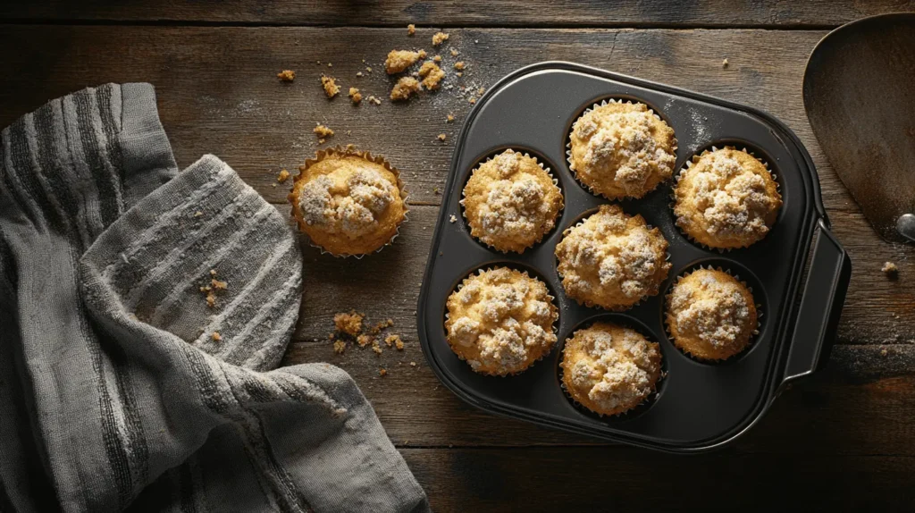 Freshly baked coffee cake muffins in a muffin tin on a wooden table, with oven mitts and a tea towel nearby, showcasing their golden streusel tops.