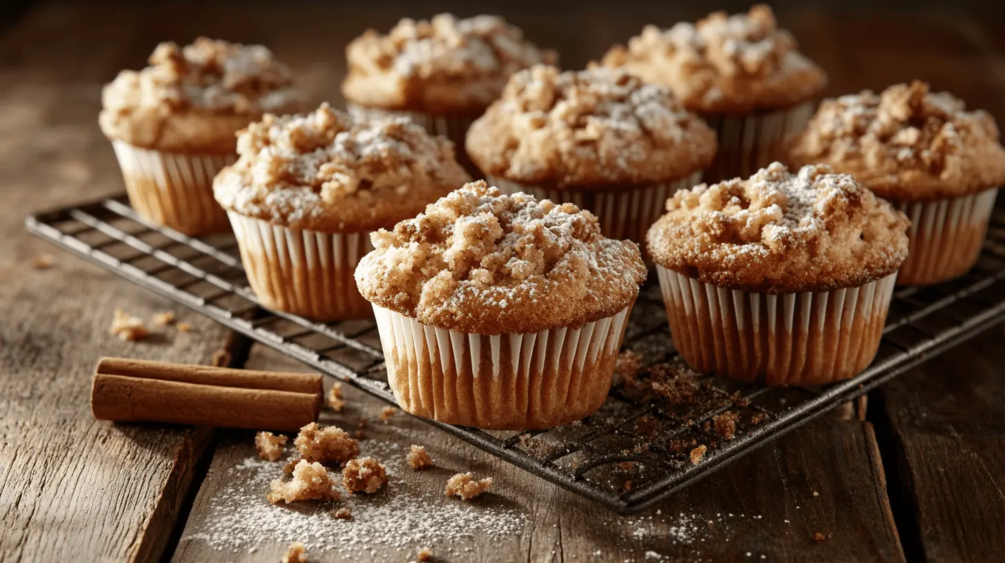 Freshly baked coffee cake muffins with streusel topping on a cooling rack, placed on a rustic wooden table with cinnamon sticks and crumbs around.