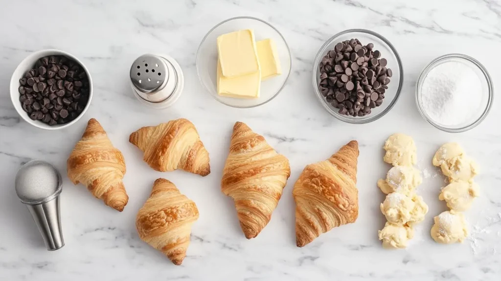 Flat lay of cookie croissant ingredients, including dough, cookie dough, and chocolate chips.