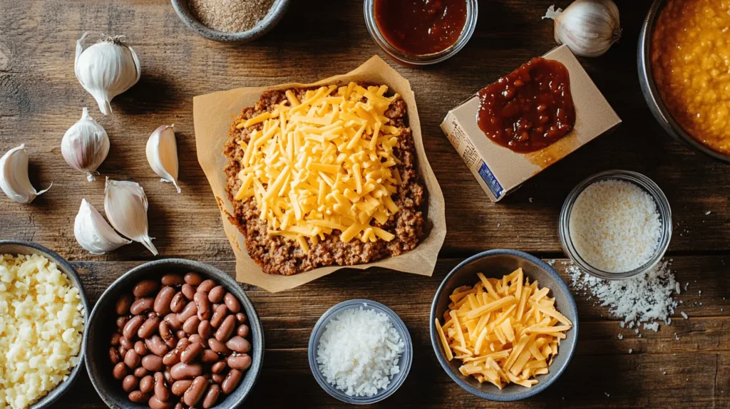 Ingredients for Cowboy Cornbread Casserole, including ground beef, beans, cheese, barbecue sauce, and cornbread mix, displayed on a wooden countertop.