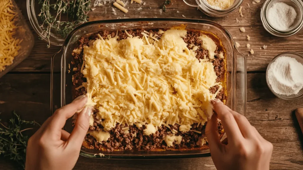 Assembling Cowboy Cornbread Casserole with ground beef, cheese, and cornbread batter in a baking dish.