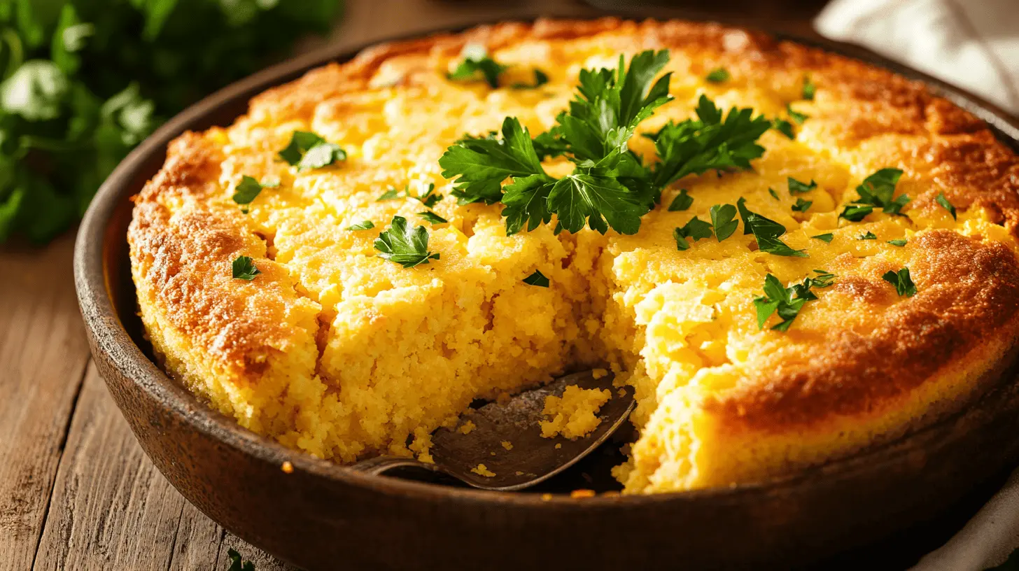 Baked Cowboy Cornbread Casserole with a golden cornbread topping, served in a dish and garnished with parsley.