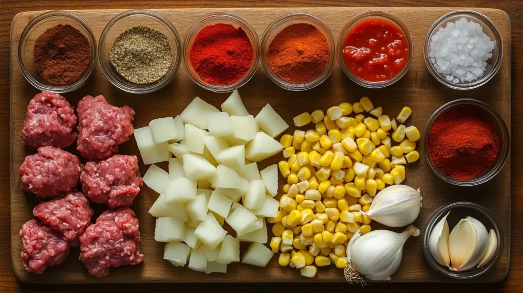 Ingredients for cowboy soup, including ground beef, potatoes, beans, corn, tomatoes, onions, garlic, and spices, arranged on a wooden cutting board.