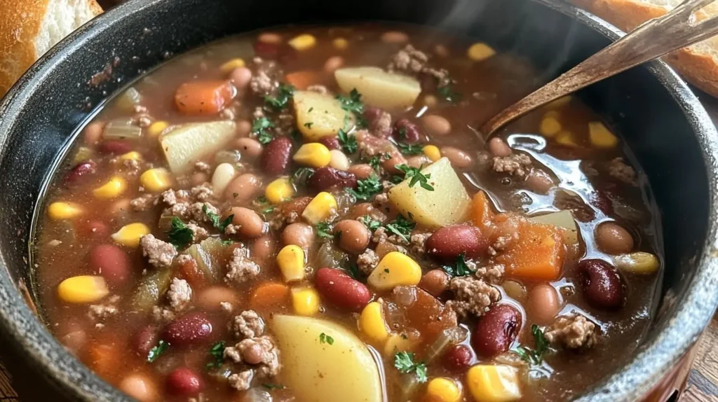 A pot of cowboy soup filled with ground beef, beans, corn, and potatoes, garnished with parsley, placed on a rustic wooden table.