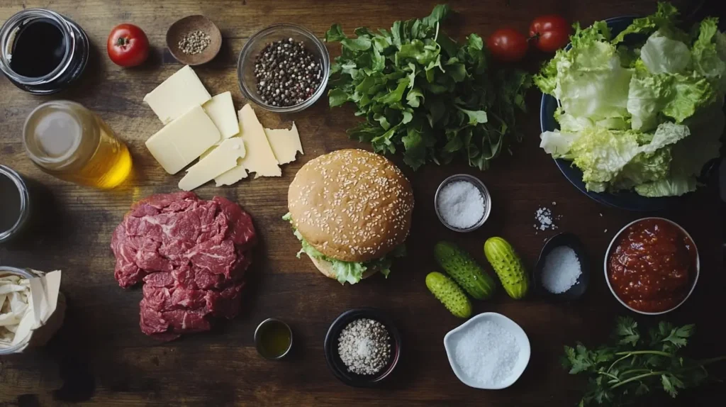 The ingredients for crack burgers on a rustic wooden countertop, including ground beef, buns, lettuce, tomatoes, cheese, and seasonings.