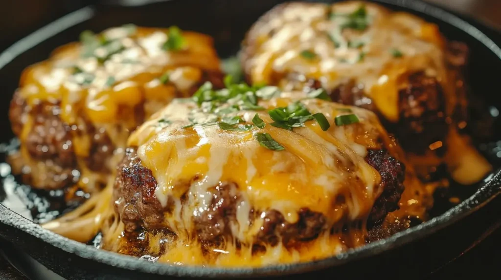 Juicy crack burger patties cooking in a cast iron skillet, with melting cheese and a golden-brown sear.