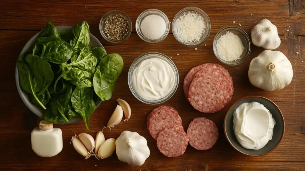 Flat lay of ingredients for creamy Parmesan Italian sausage soup, featuring sausage, Parmesan, spinach, garlic, and cream.