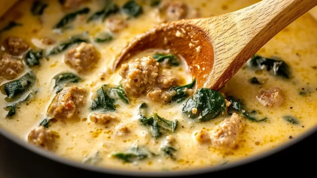 A pot of creamy Parmesan Italian sausage soup being stirred, showcasing the creamy broth, sausage, and spinach.