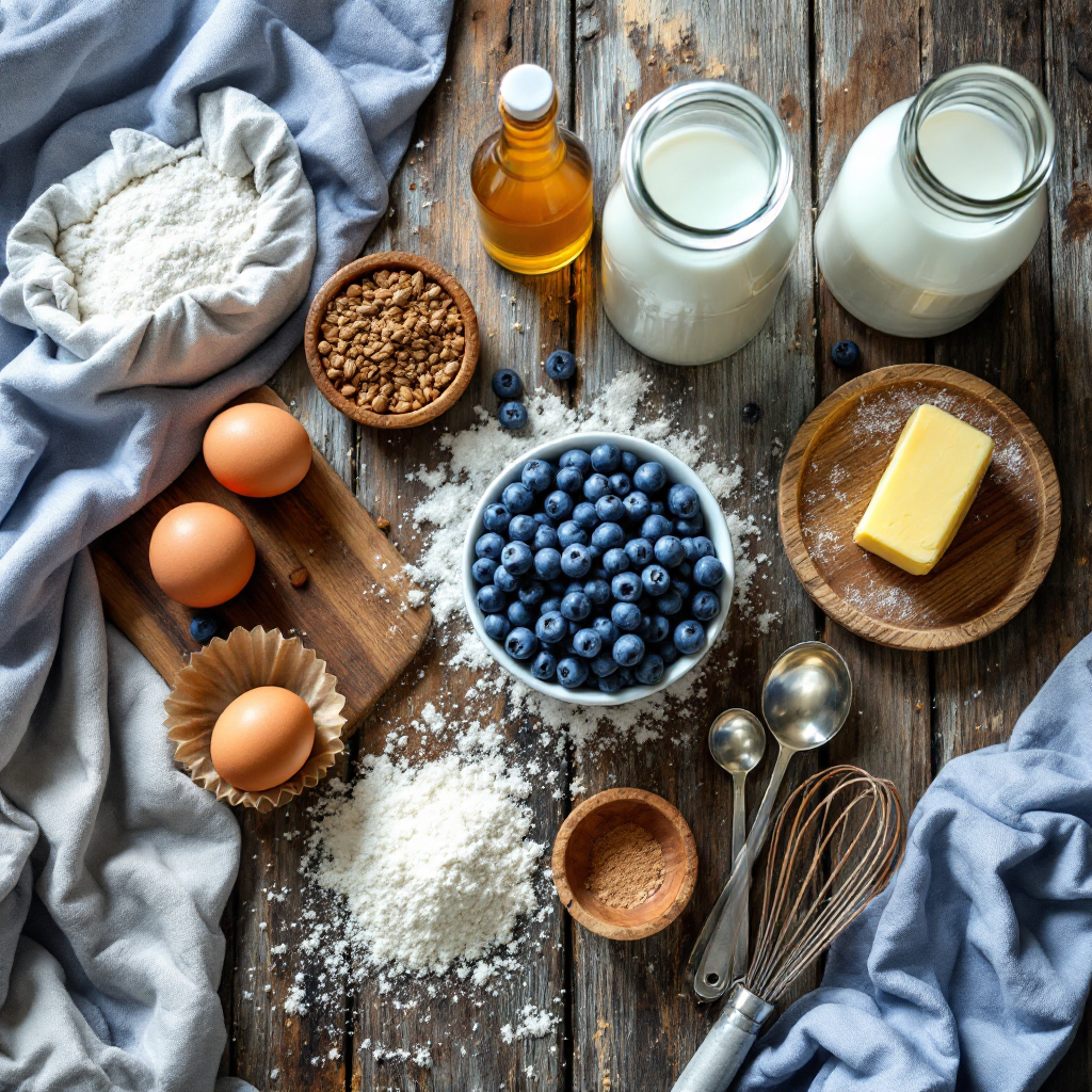 flat lay of fresh baking ingredients for mini blueberry muffins.