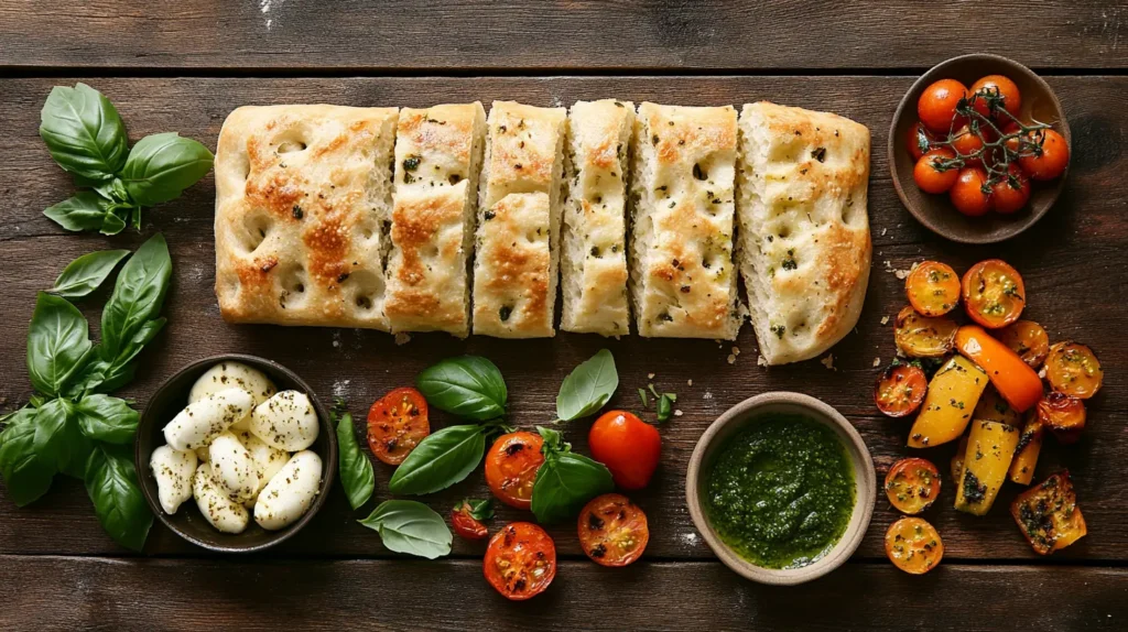 Focaccia dough on a wooden table, topped with olive oil, rosemary, and sea salt, surrounded by a rolling pin and scattered flour.