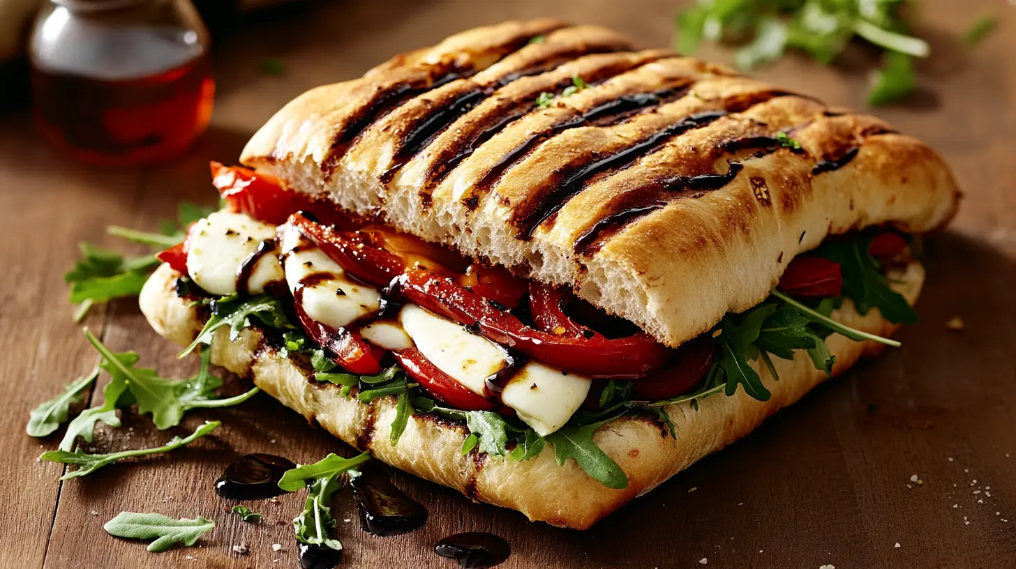 A rustic focaccia sandwich on a wooden table, filled with arugula, roasted peppers, and mozzarella cheese, with balsamic glaze on the side.