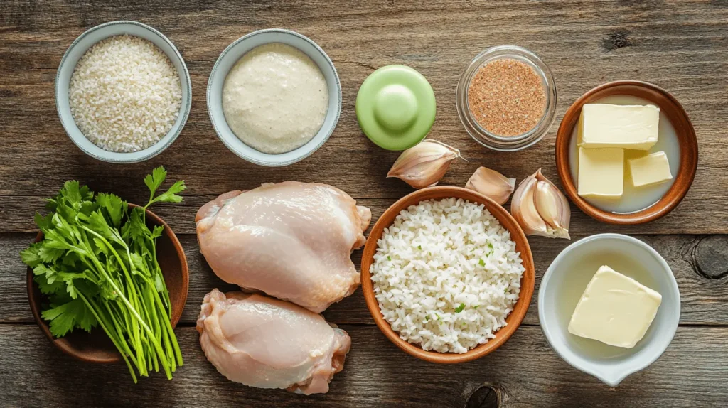 Ingredients for Forgotten Chicken Recipe, including chicken, rice, soups, onion soup mix, and broth, arranged on a wooden countertop.