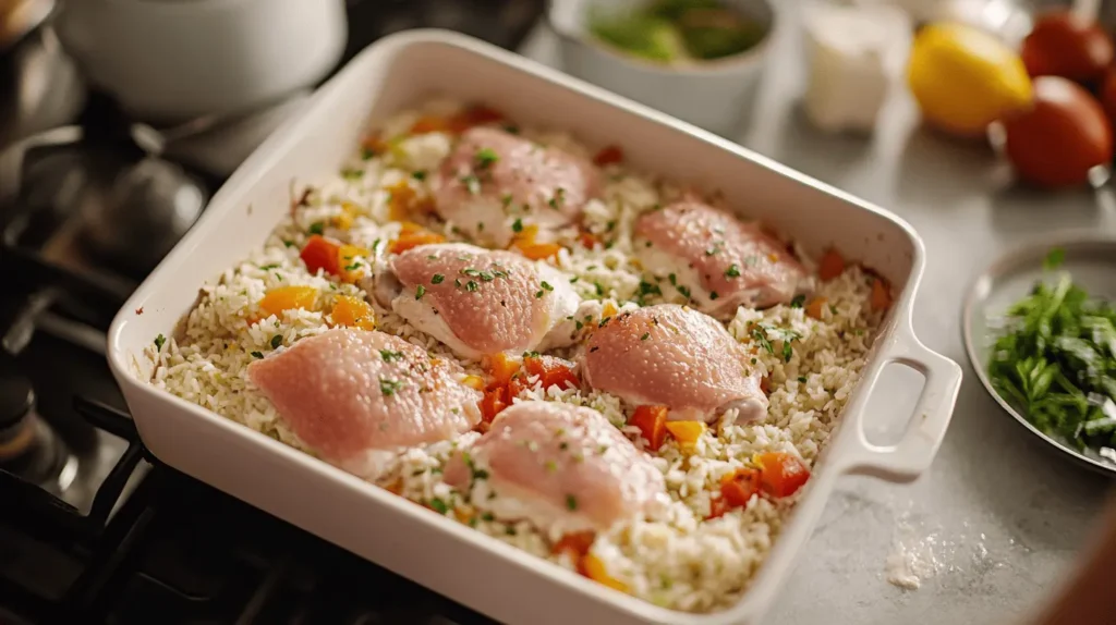 Assembling the Forgotten Chicken Recipe with rice, soup mixture, and chicken in a casserole dish.