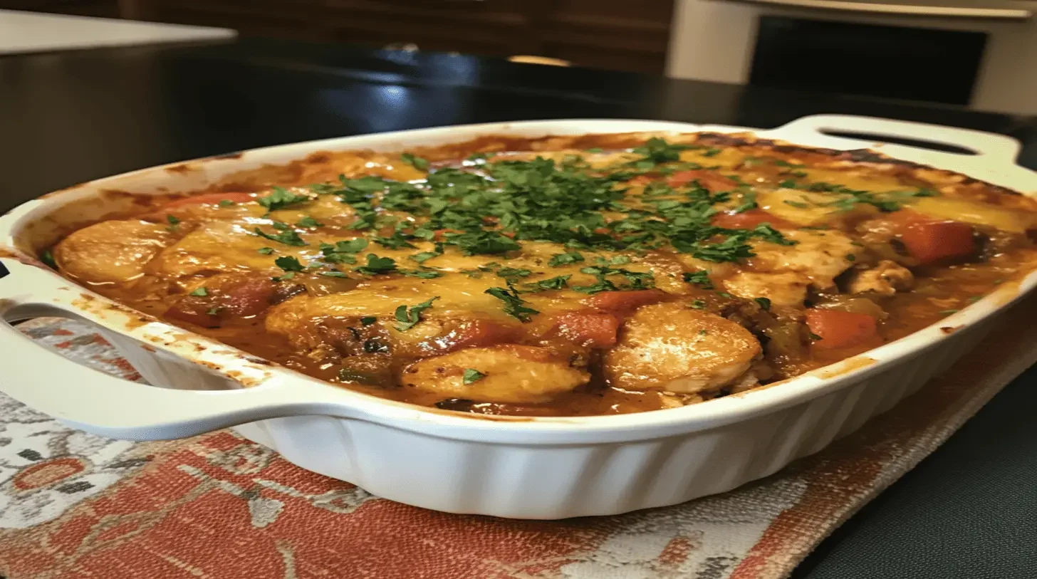 Finished Forgotten Chicken Recipe in a casserole dish with golden chicken and creamy rice, garnished with fresh parsley.