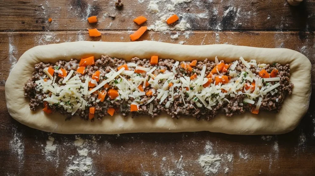 Pizza dough topped with ground beef, cheese, and vegetables, ready to be rolled into Garbage Bread.