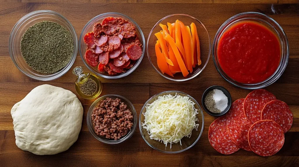 Ingredients for Garbage Bread, including pizza dough, ground beef, cheese, pepperoni, and vegetables, arranged on a wooden countertop.