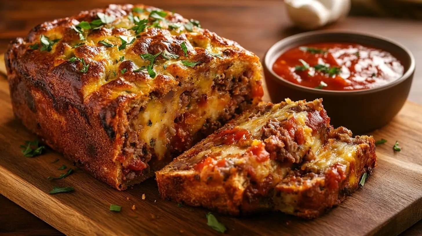 Sliced Garbage Bread showing melted cheese, savory filling, and a crispy crust, served with marinara sauce.