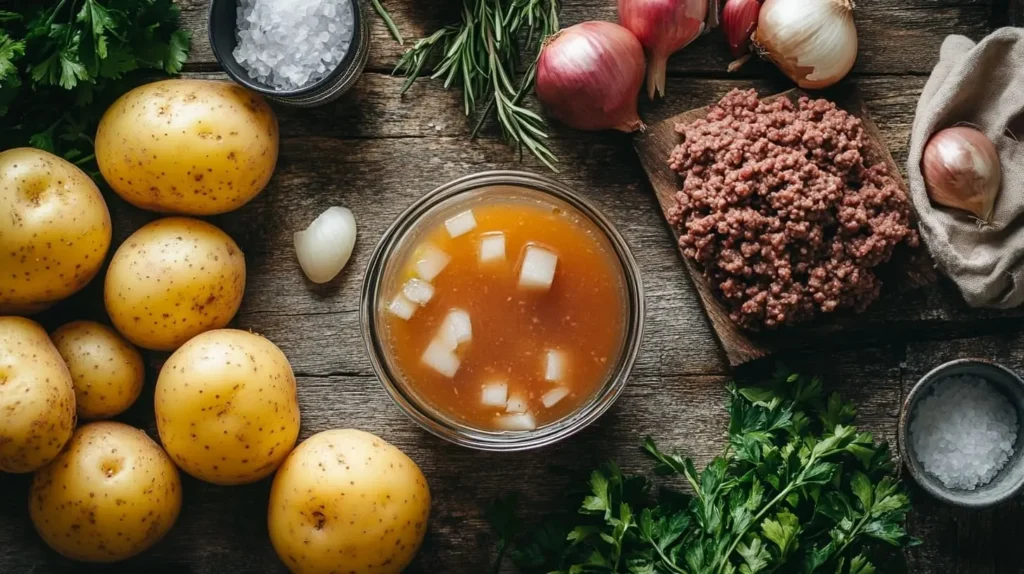 Fresh ingredients for hamburger potato soup, including ground beef, potatoes, onions, and broth, arranged on a rustic wooden countertop.